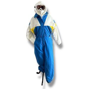1980s Vintage FERA One-Piece Ladies Ski Suit - Blue with Yellow and White, M